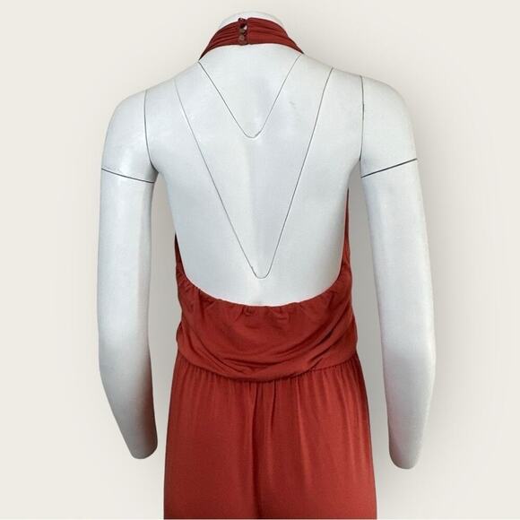 NWT | Krisa | Plunge Halter Flare Jumpsuit | Burnt Orange | Large - Picture 14 of 15